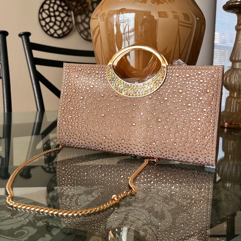 Rose Gold Bedazzled Clutch with Chain Strap